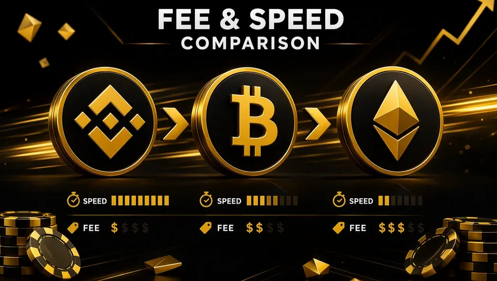 BNB, Bitcoin, and Ethereum coin icons with comparison arrows